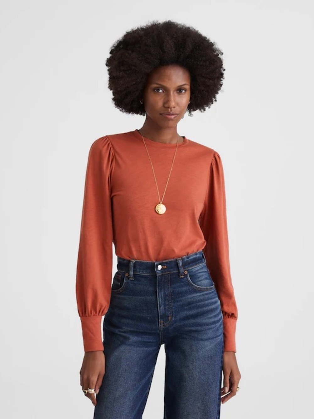 NWT Madewell  Smocked Long Sleeve Puff Shoulder in soft slub small, faded brick